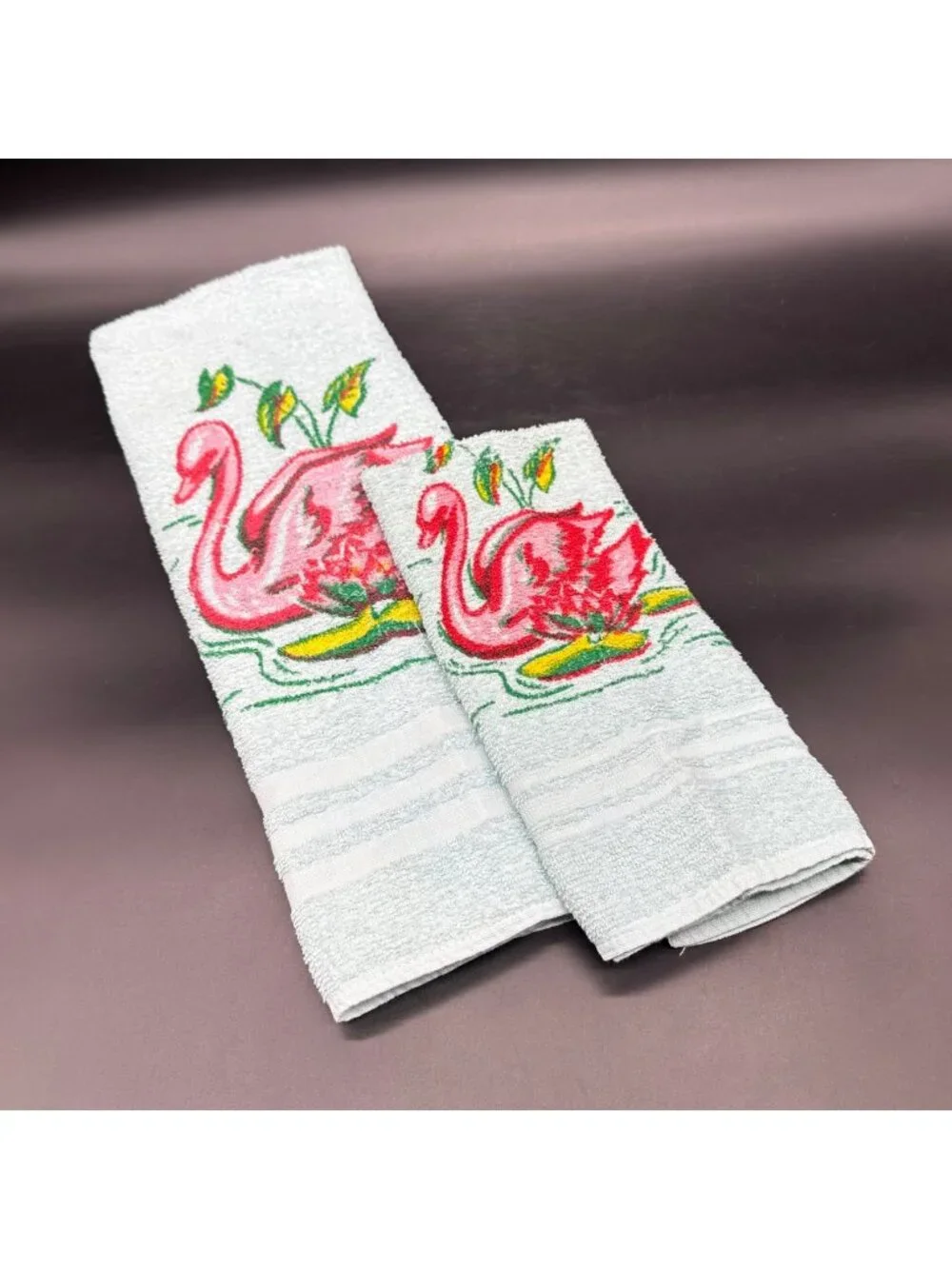 Vintage Bath Hand Towel Set Pink Swan Lily Pads 1950s Retro Bathroom Decor